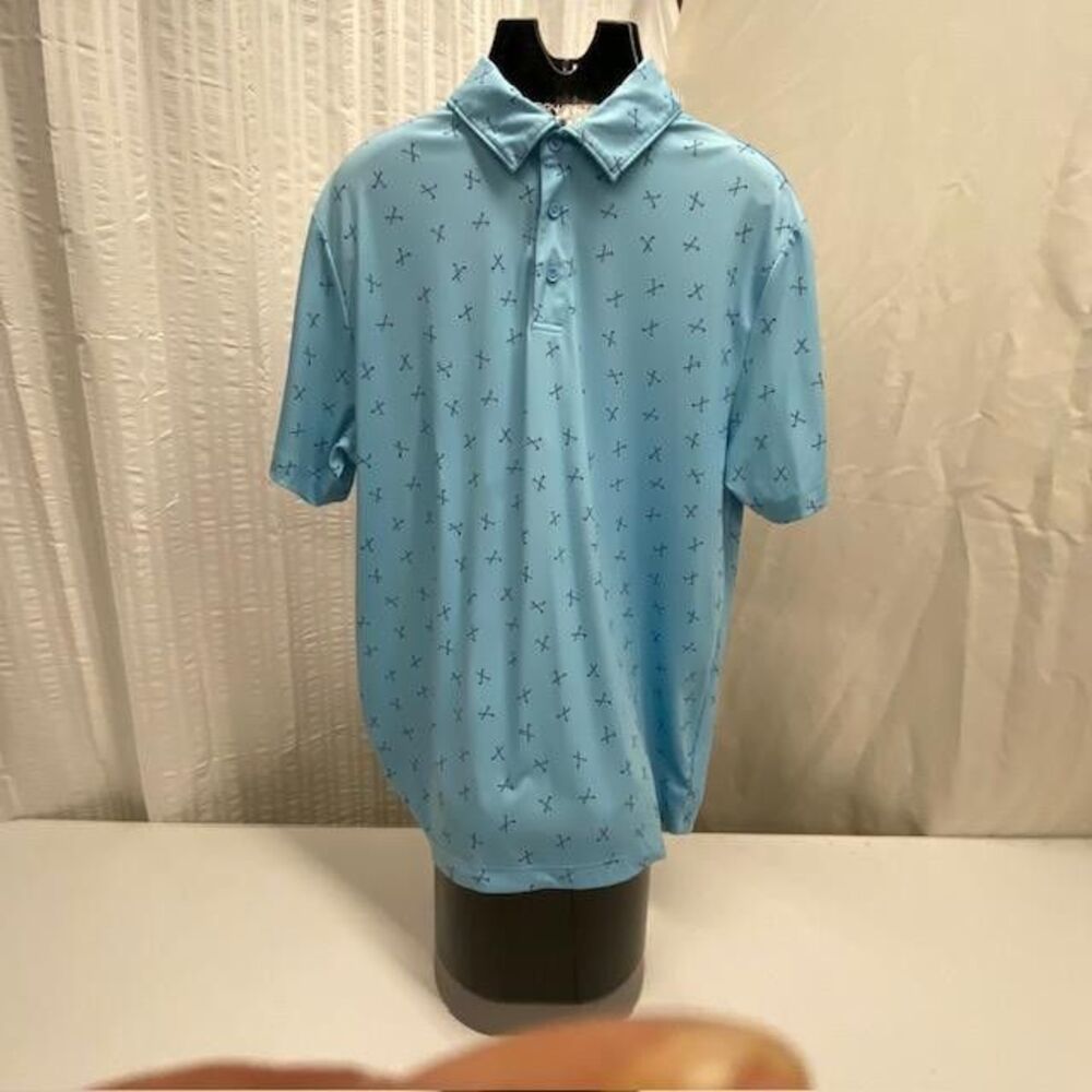 Rorie Whelan Golf Polo Mens L Blue Golf Clubs Print Stretch Performance Shirt